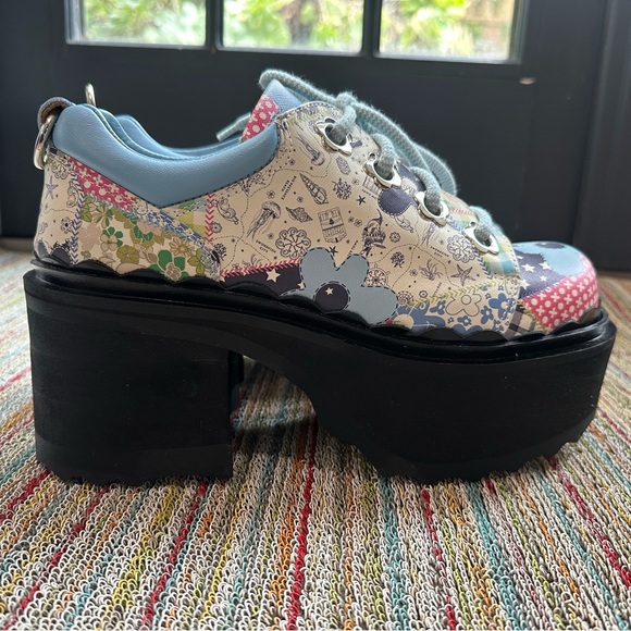 Fluevog NEW WO BOX Skyhigh F Fizzy blue/flowery leather platform lace-up shoe 10 - Picture 5 of 16